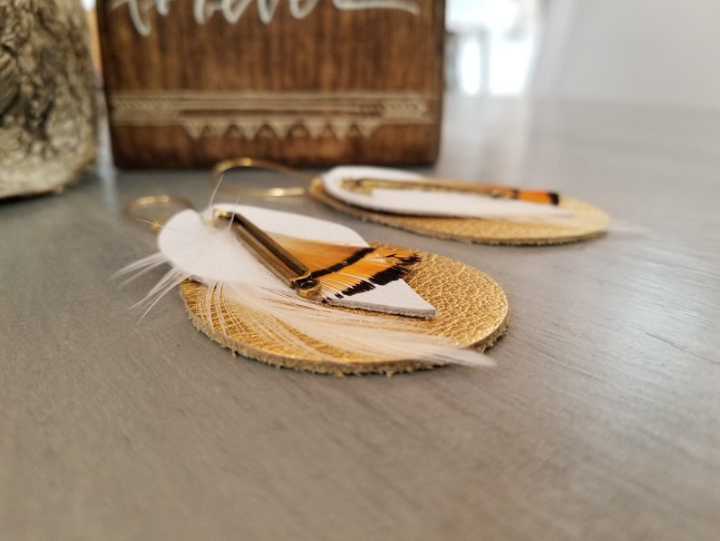 Gold and White Leather Orange White Feather Gold Bar Earrings Suede Earrings Boho Jewelry Real Leather White Gold Earrings Boho Skinny
