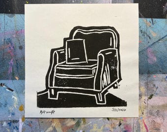 Original Cozy Armchair Livingroom Linoleum Block Carving - 5in x 5in Small Print