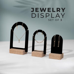 3 Stück Acryl Schmuck Display mit Holz Basis: Eiche, Ahorn, Mahagoni oder Walnuss.