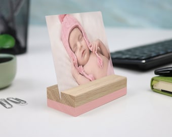 Accent Color Wood Photo Holder: Pine or Oak Card Stand