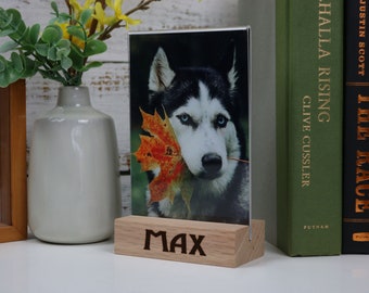 LASER ENGRAVED Photo Holder, Wood stand and acrylic, Personalized Photo holder, Free-Floating Acrylic, Floating Acrylic Photo Holder