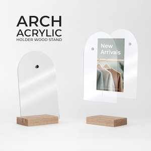 Support ARCH ACRYLIC, support en bois avec support en bois et acrylique, support pour PLV, support de signalisation, support flottant en acrylique, cadre photo sur pied