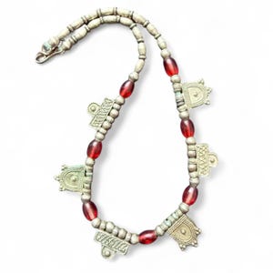 Vintage Tribal Necklace | Red Beads & Antique Silver-Toned Metal Charms | Ethnic Boho Jewelry
