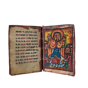 Antique Ethiopian Orthodox Bible – Ge’ez Vellum Manuscript with 10 Hand-Painted Religious Icons – 19th- 20 Century