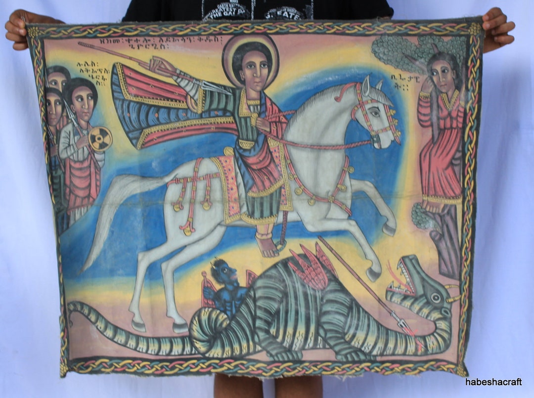 Antique Ethiopian Christian Art: St. George Slaying Dragon, 1930s