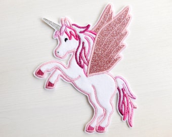 Pegasus, Einhorn mit glitzer Flügeln, Rosa-Pink Mähne, Applikation Aufnäher für Schultüte, Groß XXL