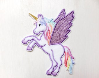 Pegasus, Einhorn mit glitzer Flügeln, Regenbogen Mähne, Applikation Aufnäher für Schultüte, Groß XXL