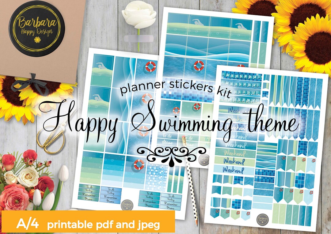 Swimming Stickers Kit Printable Planner Stickers Weekly Stickers ...
