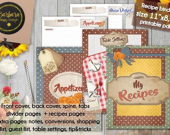 Recipe book size 11"x8.5", Printable Recipe, diy Recipe Binder, Recipe Organizer, Instant Download, Cookbook