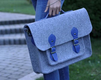 15 inch LAPTOP BAG - Laptop shoulder bag-  FELT Laptop Bag -  Women Felt Bag - Blue Leather - Felt Messenger Bag -  Felt Handbag
