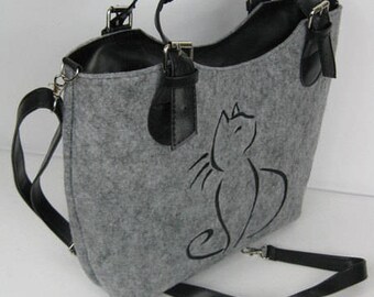 Women felt bag, Felt tote bag, Cat bag, Felt shopperbag, Felt handbag, Felt shoulder bag, Cat design bag,Felt bag,  Felted bag, Big bag