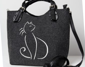 Black felt women purse, Women felt bag, Felt handbag and crossbody, Felt shopper bag,Bags for girl, Felt shoulder bag, Cat design bag