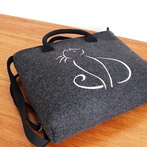 Felt Purse, Black felt bag,   Women Felt Bag - Black Cat - Felt Tote Bag - 13-Inch Laptop Bag - Felt Handbag - Felt Shoulder Ba