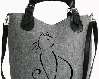 Felt women purse, Women felt bag, Felt handbag, Cat bag, Felt shopperbag, Felt handbags, Felt shoulder bag, Cat design bag
