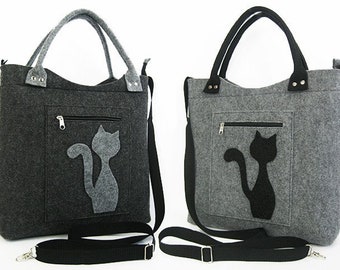 Felt tote bag, Felt Handbag with Decorative Cat  Design ,Crossbody Handbag, Felted bag,  Felt Bag, Tote Shoulder Bag, Shopping bag, Gift