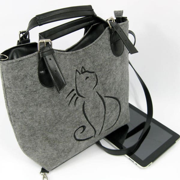 Felt Handbag, Felt Purse, Shoulder Bag, Women handbag, Felt catt purse, Felt bag, Felted purse,  Felt satchel purse , Grey handbag