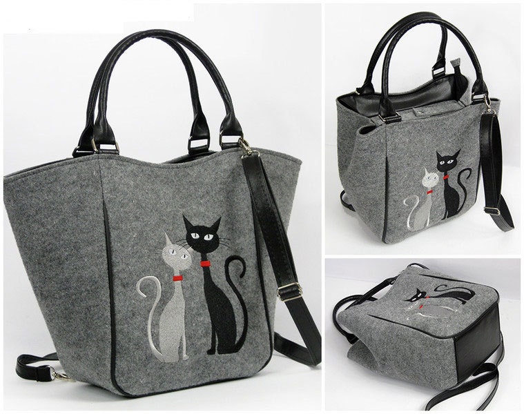 Felt Shoulder Bag Cat Design Bag Women Felt Bag Gray Felt Etsy
