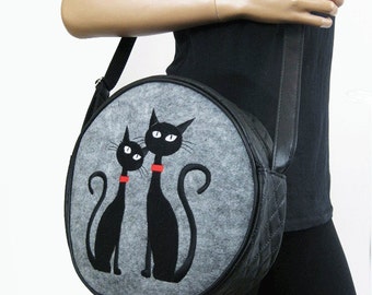 Round Circle Felt Bag Felt Bag  Felt Crossbody Bag  Women Felt Bag  Felt Shoulder Bag  Vegan Leather Cat Design Bag