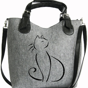Gray tote bag, CAT BAG, Women felt bag, Cat bag, Felt shopperbag, Felt handbag, Felt shoulder bag, Cat design bag
