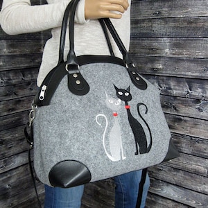 FELT CAT BAG Large handbag Felt Handbag Felt Purse  Special Custom Gift Cat design  purse Top handles bag Women felt bag Cat bag Felt