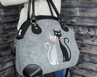 FELT CAT BAG Large handbag Felt Handbag Felt Purse  Special Custom Gift Cat design  purse Top handles bag Women felt bag Cat bag Felt