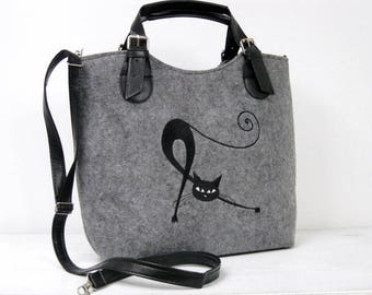 WOMEN FELT BAG,   black cats,  handbag,  felt bag,  handbag with cats , Cat design, cat bag, Felt bag handmade, felt bag world