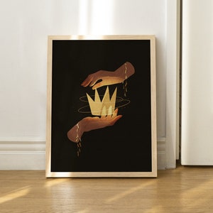 Dark Academia inspired illustration of two handswith a floating gold crown on a dark background