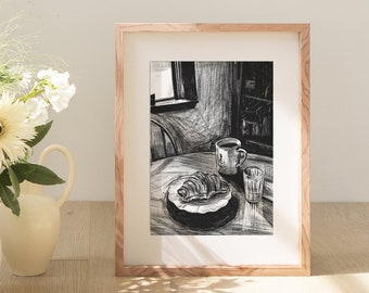 Morning Breakfast | Vintage style charcoal drawing | Timeless Rustic Painting | Breakfast scene artwork | Elegant black and white print