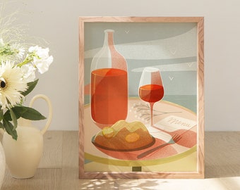May include: A framed illustration of a still life with a bottle of red wine, a glass of red wine, and a loaf of bread on a table. The background is a light blue with a white sky and seagulls.