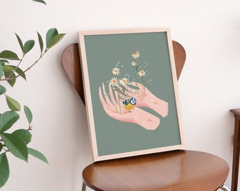 Birds in Hands | Colorful Art Print Illustration | Wall Decor | Home decor Poster | Poster | Minimalist artwork | Aesthetic Room Decor