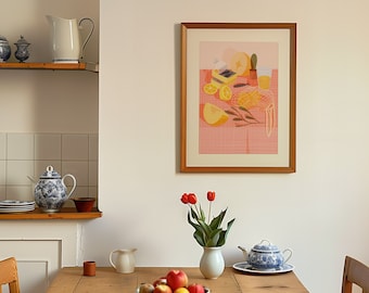 May include: A wooden table with a pitcher, teapot, and bowl of apples. A framed print of a still life with fruit and a glass of water hangs on the wall. A vase of red tulips sits on the table.