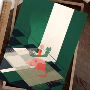 May include: A pink cat sleeps on a green and white checkered rug with a cup of coffee and a vase of flowers in the background.