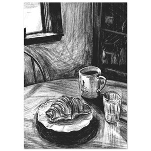 Morning Breakfast | Vintage style charcoal drawing | Timeless Rustic Painting | Breakfast scene artwork | Elegant black and white print A4 21x29.7 cm / 8x12″