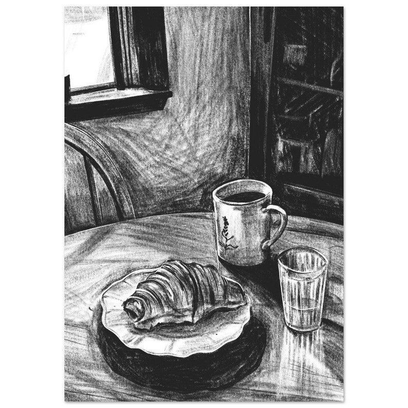 Morning Breakfast | Vintage style charcoal drawing | Timeless Rustic Painting | Breakfast scene artwork | Elegant black and white print A4 21x29.7 cm / 8x12″