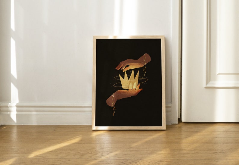 Dark Academia inspired illustration of two handswith a floating gold crown on a dark background