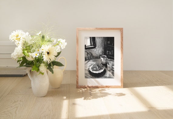 Morning Breakfast | Vintage style charcoal drawing | Timeless Rustic Painting | Breakfast scene artwork | Elegant black and white print