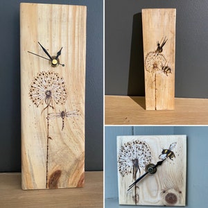 DANDELION and BEE or DRAGONFLY- Handmade, hand drawn wooden wall clock- boxed