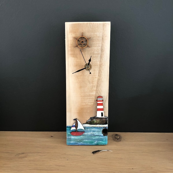 Seaside wooden wall clock- seascape, lighthouse and boat