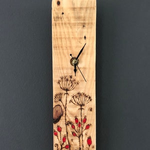 WILDFLOWERS- SEED POD-handmade- long wooden wall clock- original design using pyrography and paint