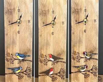 Garden birds clock - hand painted wooden wall clock