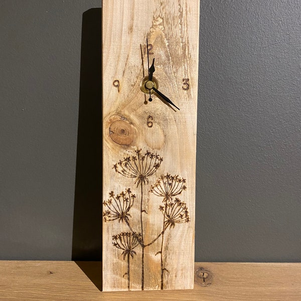 SEED HEAD handmade- long wooden wall clock- original hand drawn design