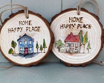 Small HOME log slice-individually hand drawn and painted