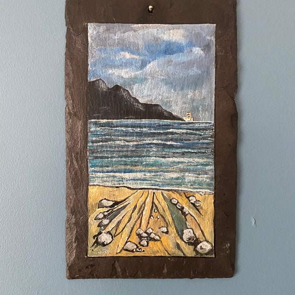 REDUCED -SALE- Hand painted seascape-lighthouse painting-beach- reclaimed slate-wall art