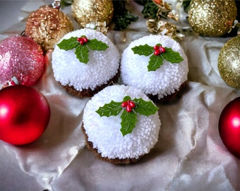 Christmas pudding baubles. Christmas Pom poms. Christmas tree. Christmas tree bauble. Hanging decoration