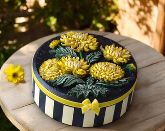 Round Jewelry Box Floral Wooden Trinket Case Yellow Chrysanthemum Keepsake Organizer Gift Cottagecore Decorative Storage