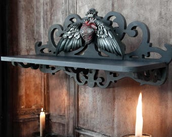 Gothic Wall Shelf with Heart and Raven Wings – Black and Red Heart Shelf for Dark Home or Bedroom Decor