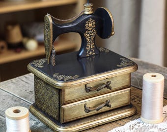 Sewing Machine Box Wooden Organizer Sewing Storage Jewelry Case Seamstress Gift Vintage Decor