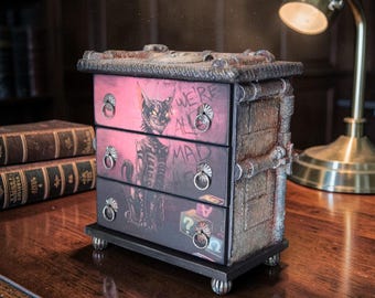 Steampunk Mini Apothecary Cabinet Cheshire Cat Jewelry Box Alice in Wonderland Decor Gothic Organizer Fantasy Desk Storage Mad Hatter Decor