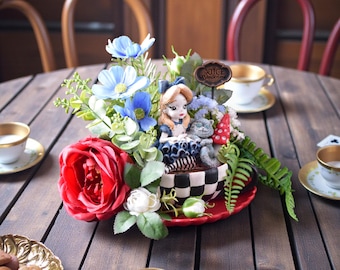Table Centerpiece Alice in Wonderland – Diorama Alice in Teacup with Cheshire Cat Red Rose and Floral Arrangement, Whimsical Home Decor Gift