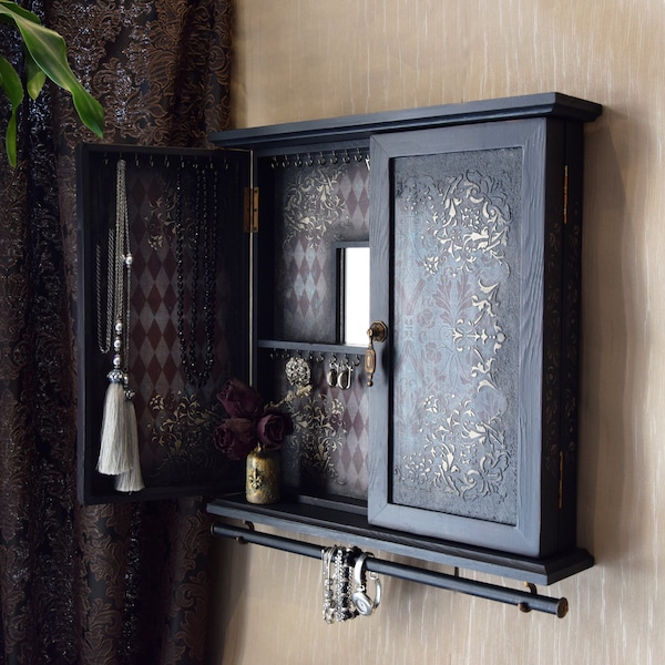 Gift for Her Wall Cabinet with doors Jewelry Cabinet Earrings holder Wall mounted earring organizer Stand for rings Display necklace